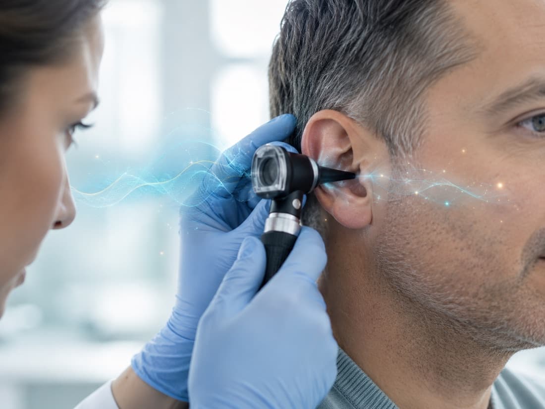 Profesional realizando una otoscopía a un paciente con un otoscopio