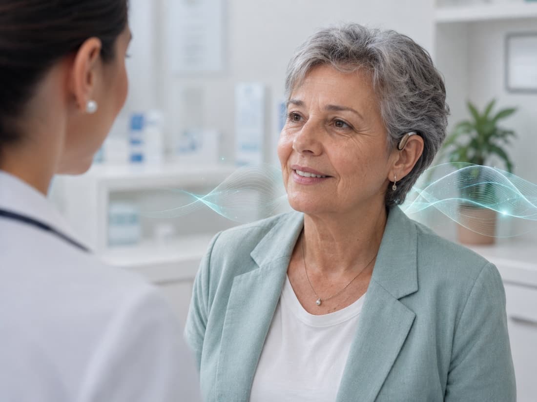 Paciente con audífono conversando con una profesional en el consultorio